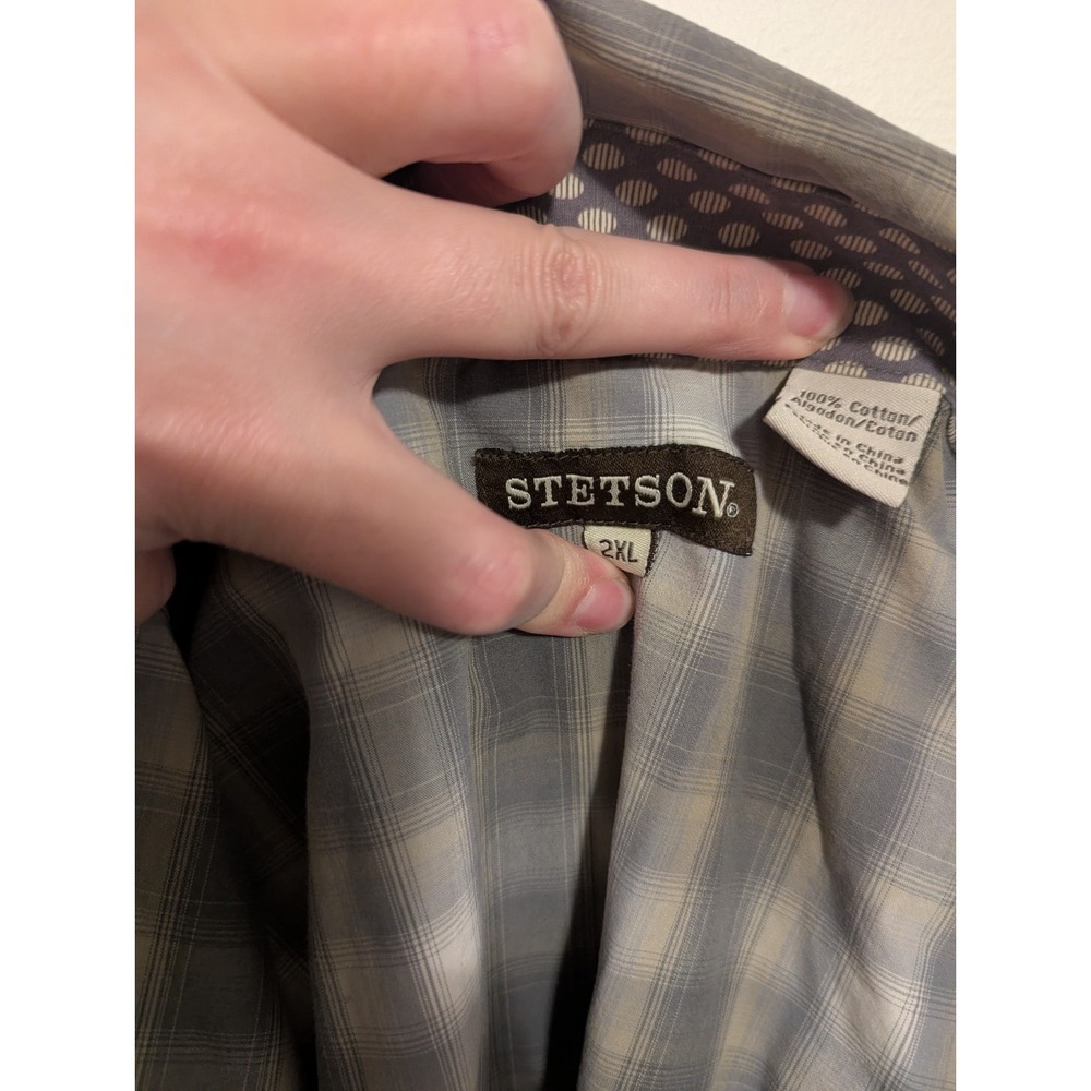 Stetson Plaid Pearl Snap Western Shirt Men's 2XL Green‎ White Long Sleeve Cotton - Picture 7 of 8